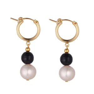 Gold Filled Pearl & Black Agate Clip Hoop Earrings