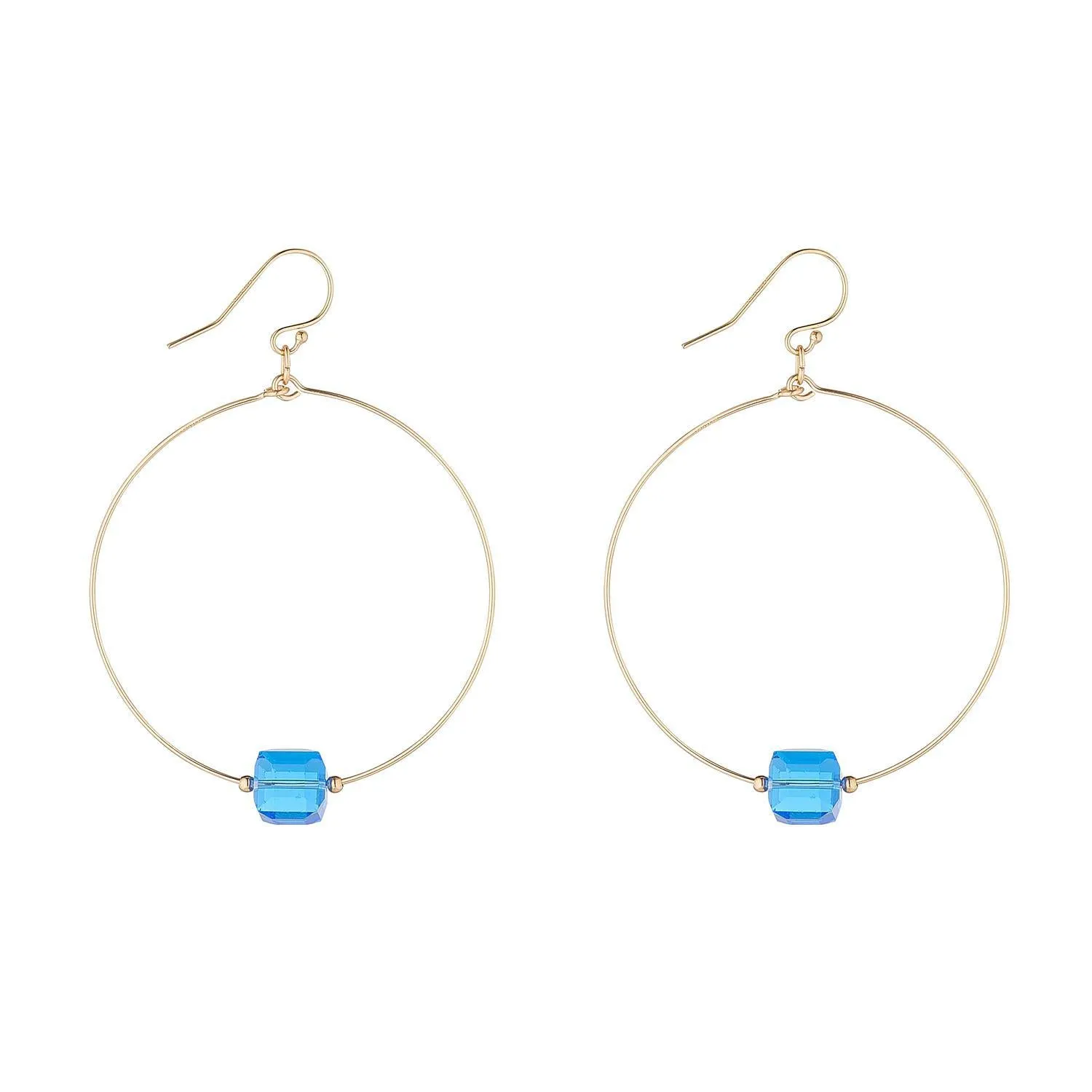 Gold Filled Royal Blue Crystal Cube Hoop Earrings