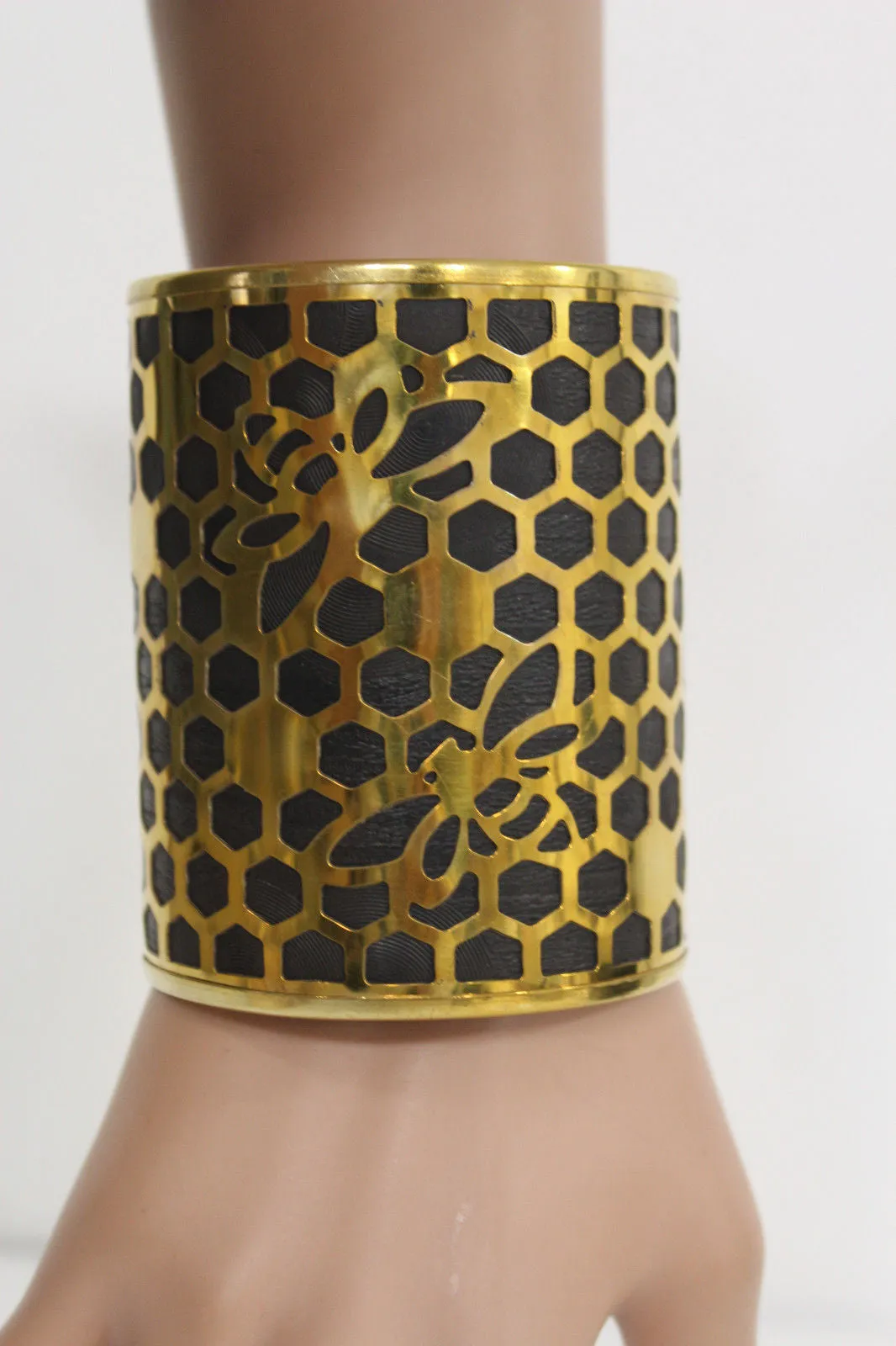 Gold Metal Hand Cuff Bracelet Honey Bees Hives Black