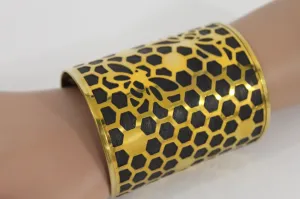 Gold Metal Hand Cuff Bracelet Honey Bees Hives Black