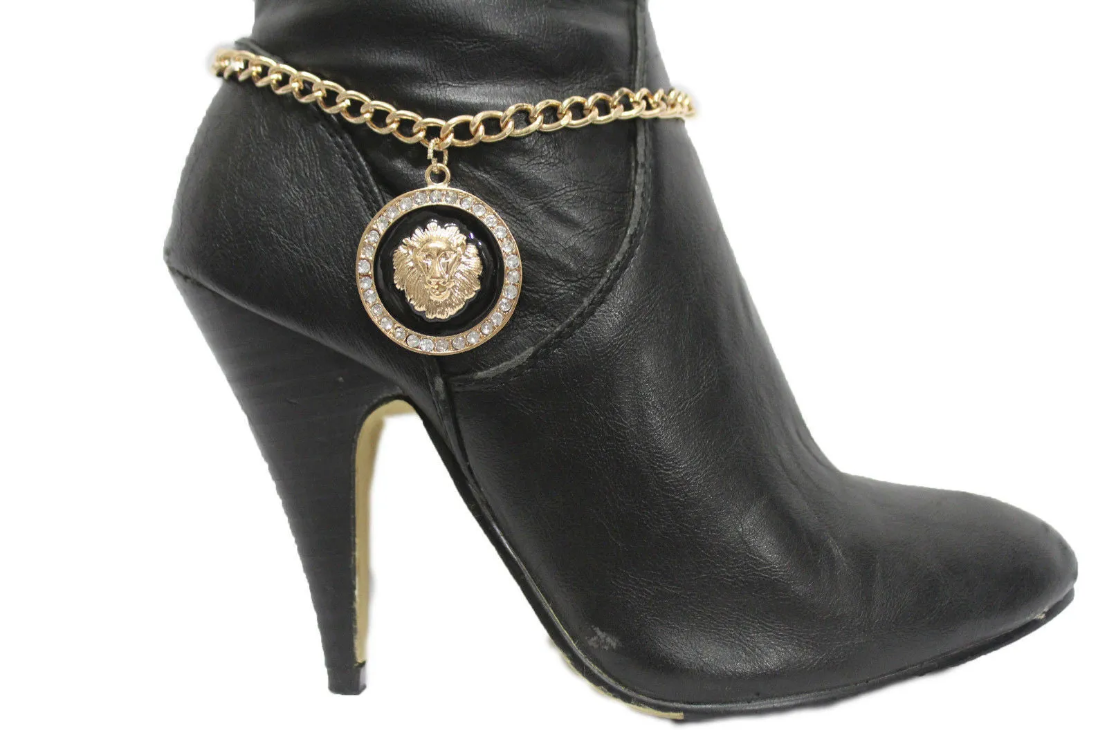 Gold Silver Metal Boot Chains Bracelet Black Lion Head Round Coin Anklet Shoe Charm