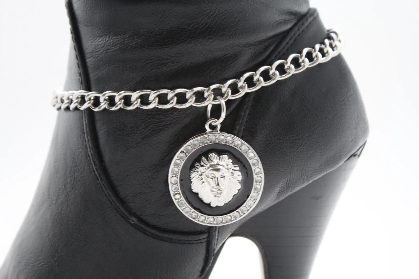 Gold Silver Metal Boot Chains Bracelet Black Lion Head Round Coin Anklet Shoe Charm