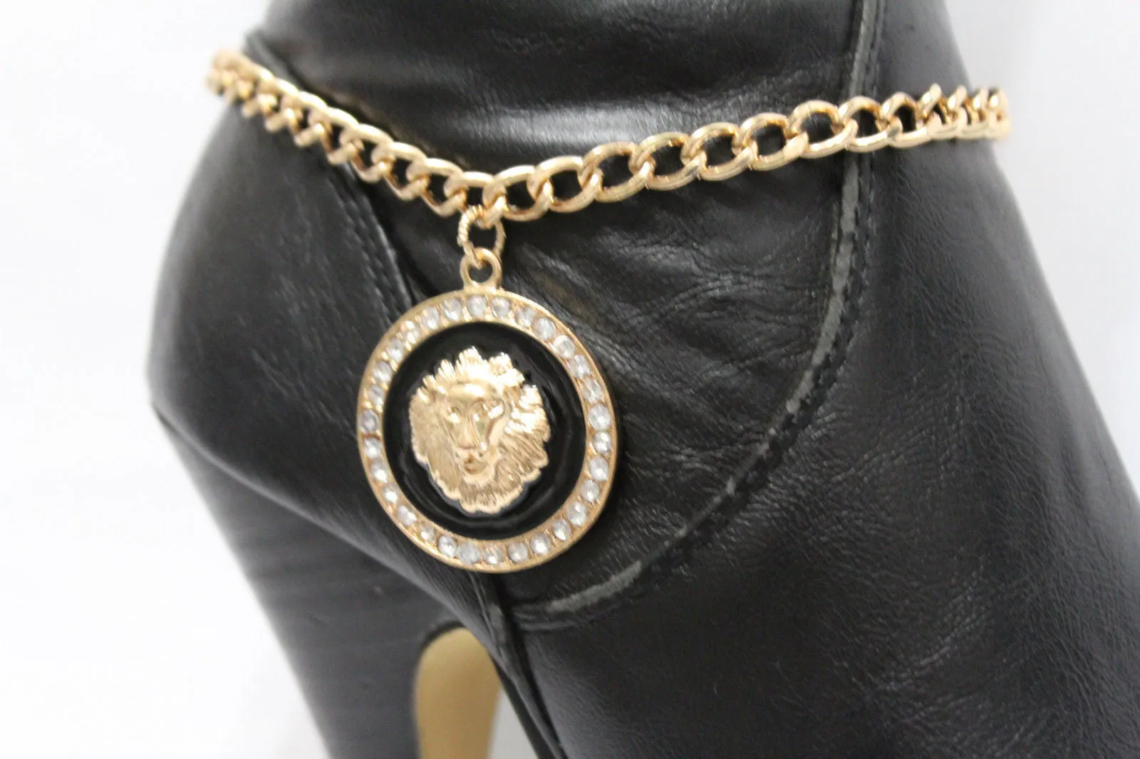 Gold Silver Metal Boot Chains Bracelet Black Lion Head Round Coin Anklet Shoe Charm