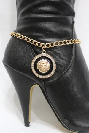 Gold Silver Metal Boot Chains Bracelet Black Lion Head Round Coin Anklet Shoe Charm