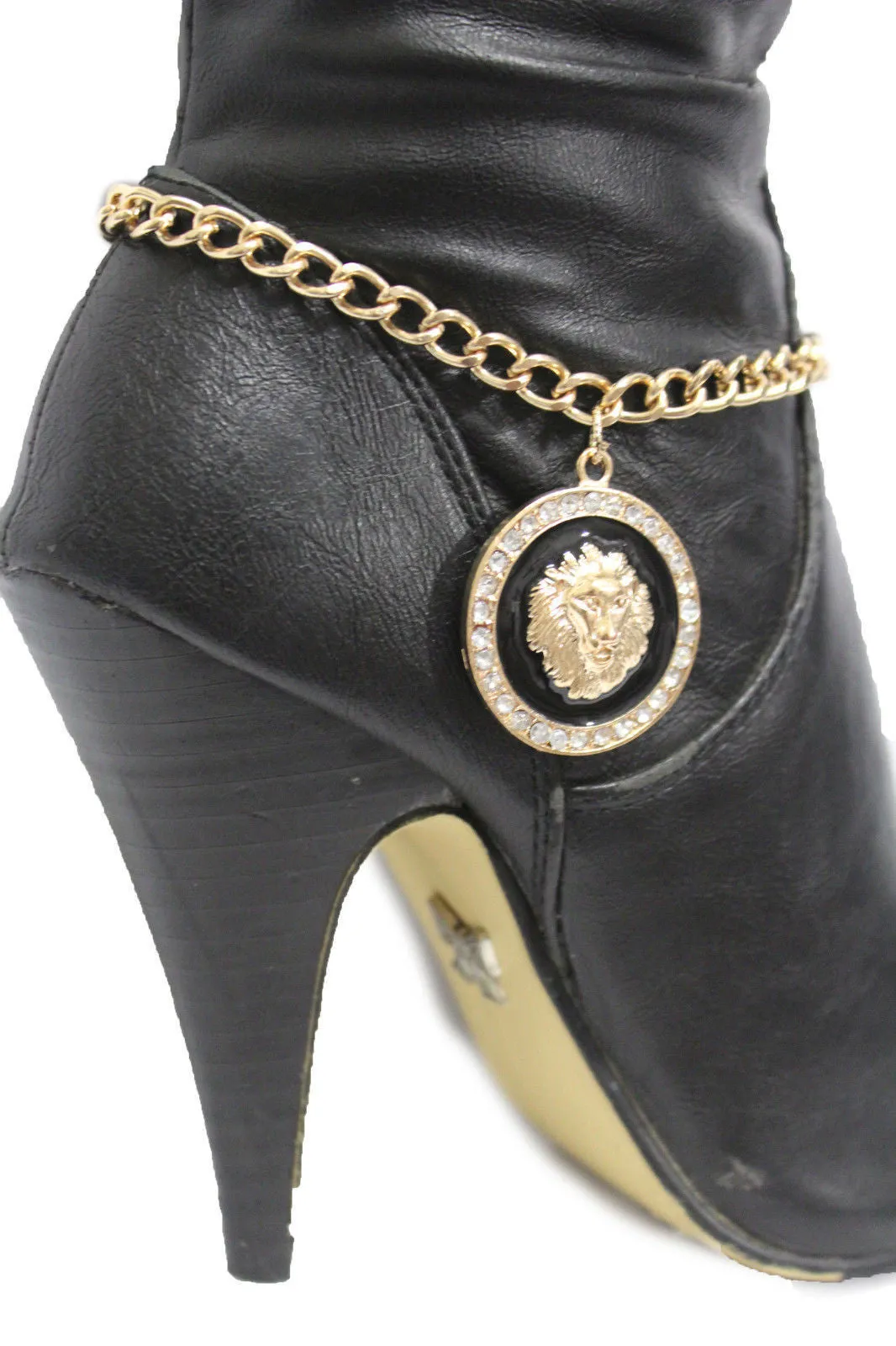 Gold Silver Metal Boot Chains Bracelet Black Lion Head Round Coin Anklet Shoe Charm