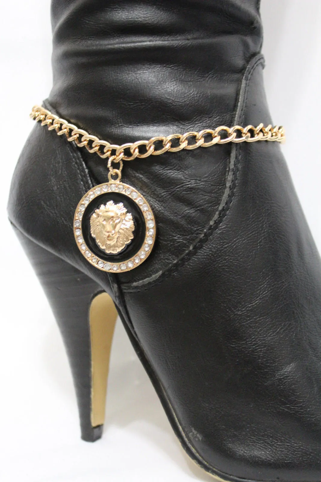 Gold Silver Metal Boot Chains Bracelet Black Lion Head Round Coin Anklet Shoe Charm