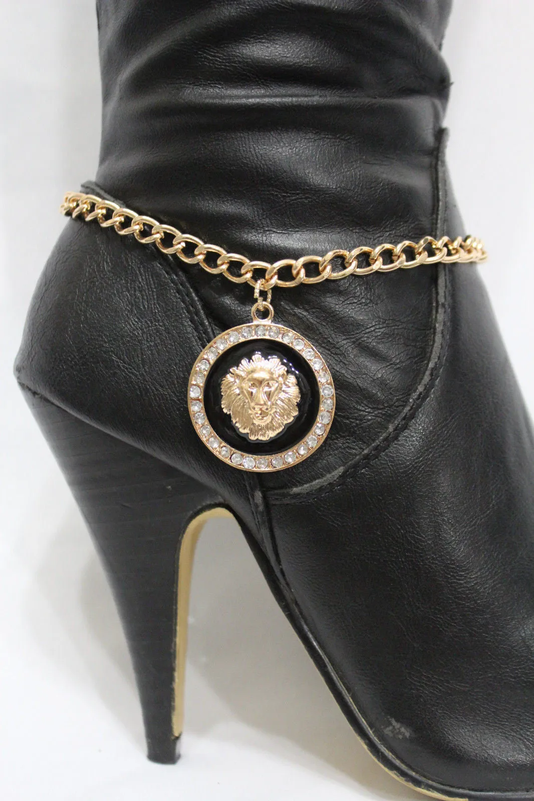 Gold Silver Metal Boot Chains Bracelet Black Lion Head Round Coin Anklet Shoe Charm