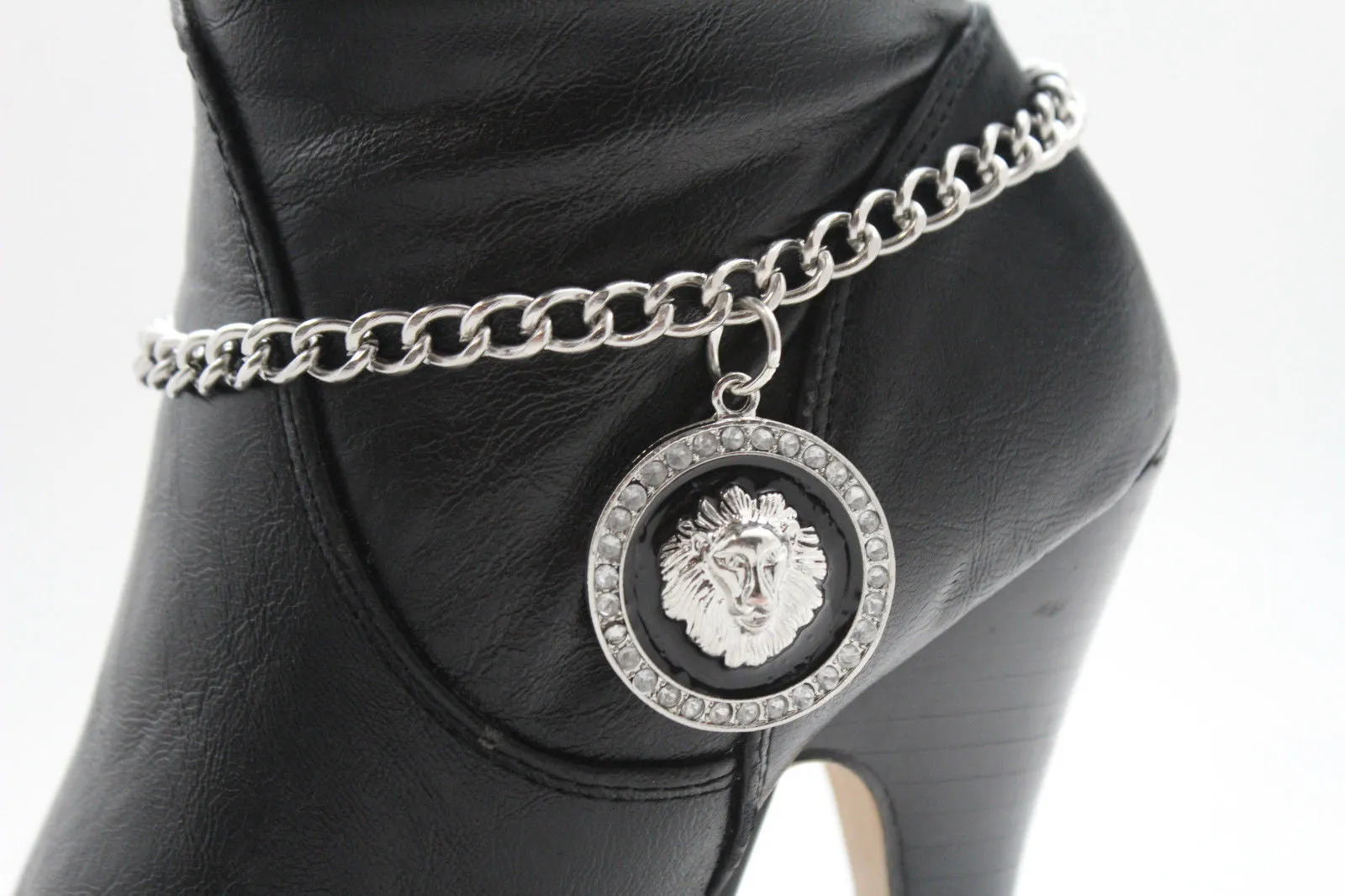 Gold Silver Metal Boot Chains Bracelet Black Lion Head Round Coin Anklet Shoe Charm