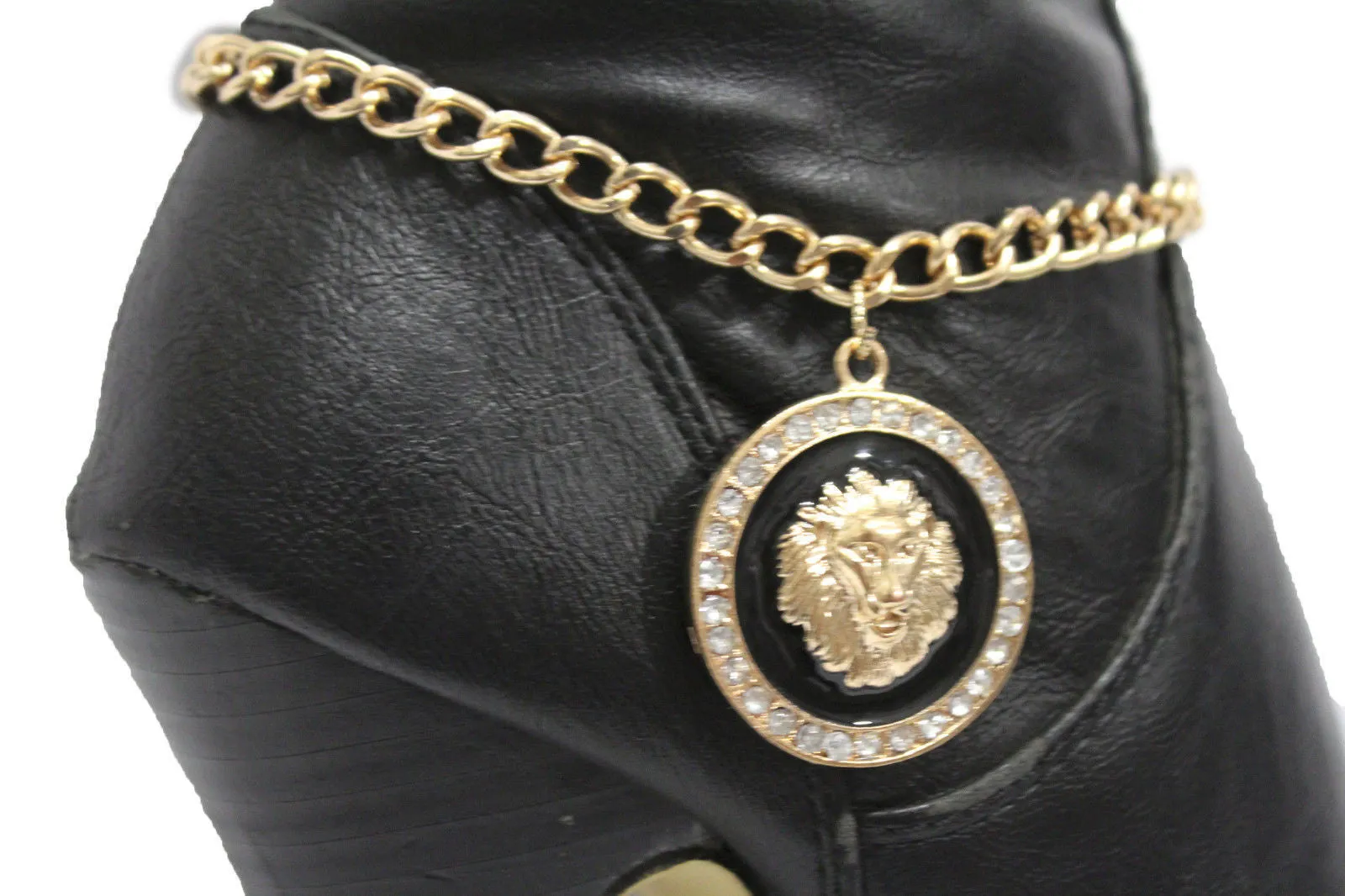 Gold Silver Metal Boot Chains Bracelet Black Lion Head Round Coin Anklet Shoe Charm