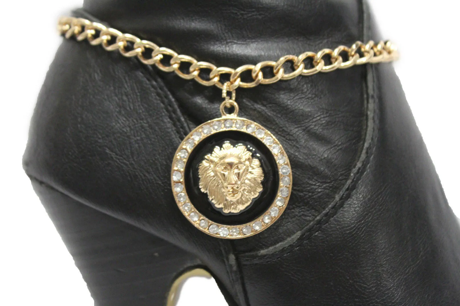 Gold Silver Metal Boot Chains Bracelet Black Lion Head Round Coin Anklet Shoe Charm