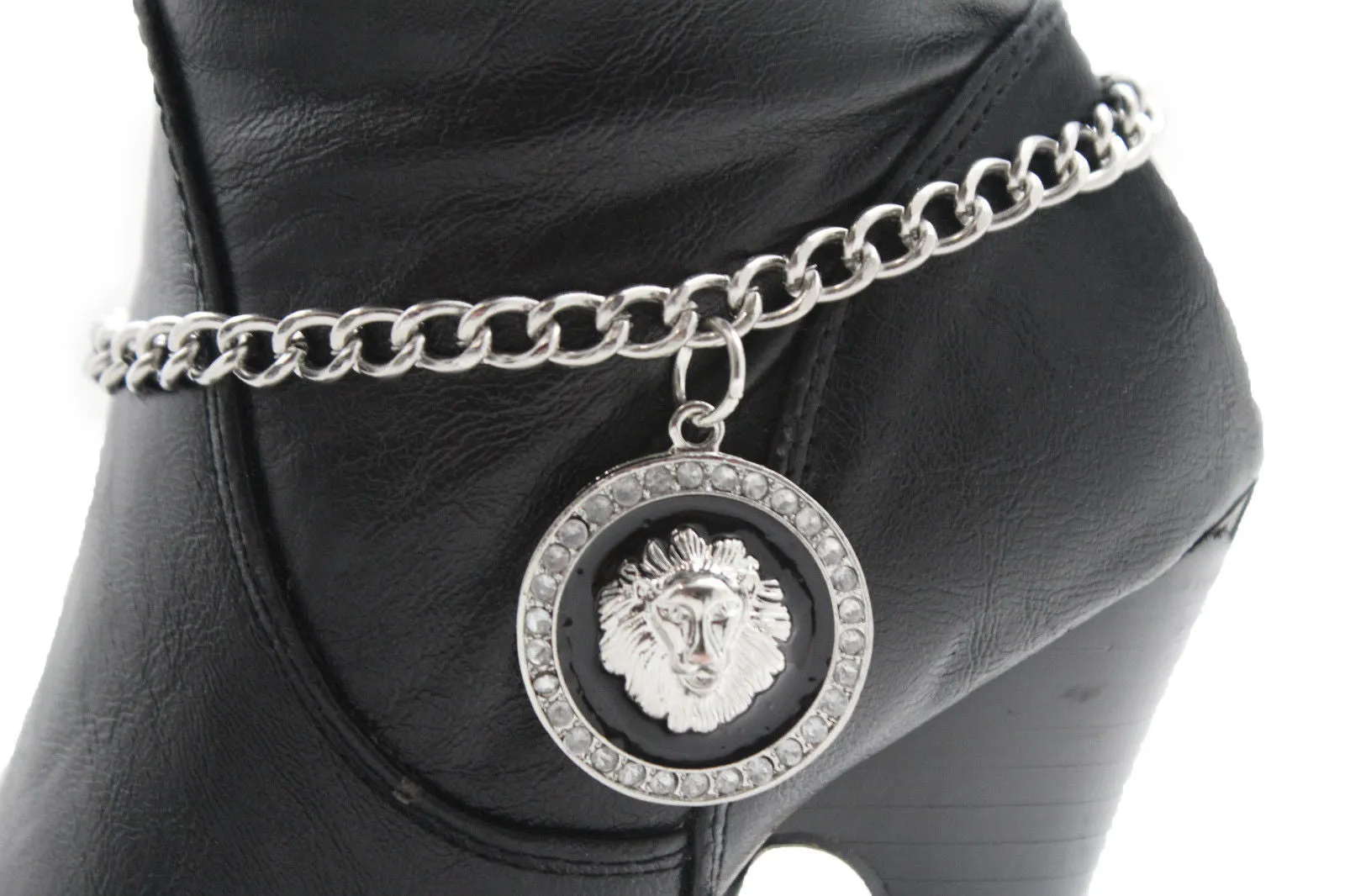 Gold Silver Metal Boot Chains Bracelet Black Lion Head Round Coin Anklet Shoe Charm