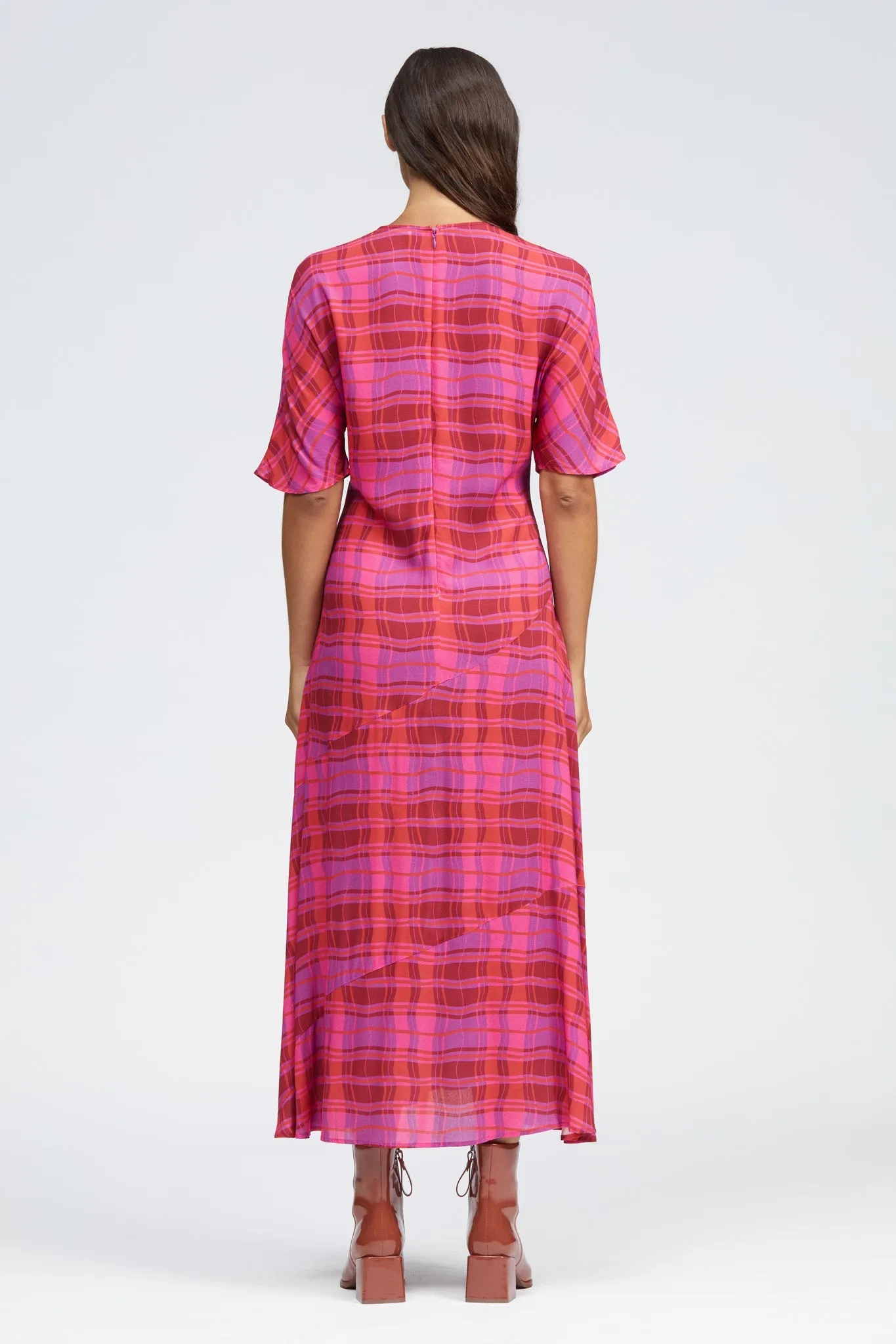 Heden Midi Dress Pink Warped Check Print