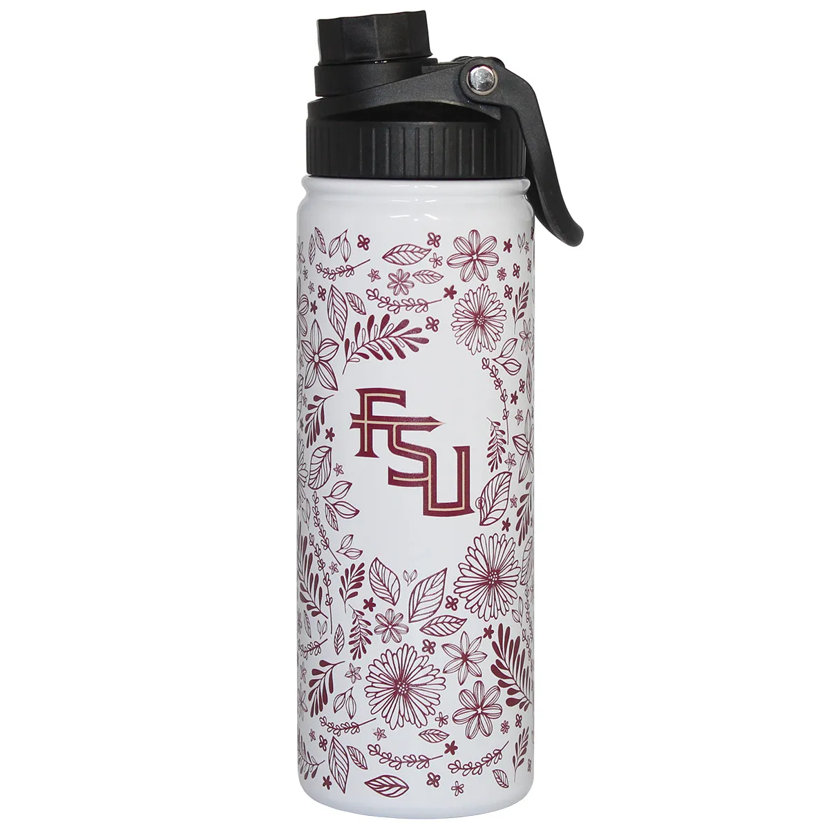 Logo Brands Stacked FSU Botanical Design 21oz Stainless Steel Insulated Twist Top Bottle - White