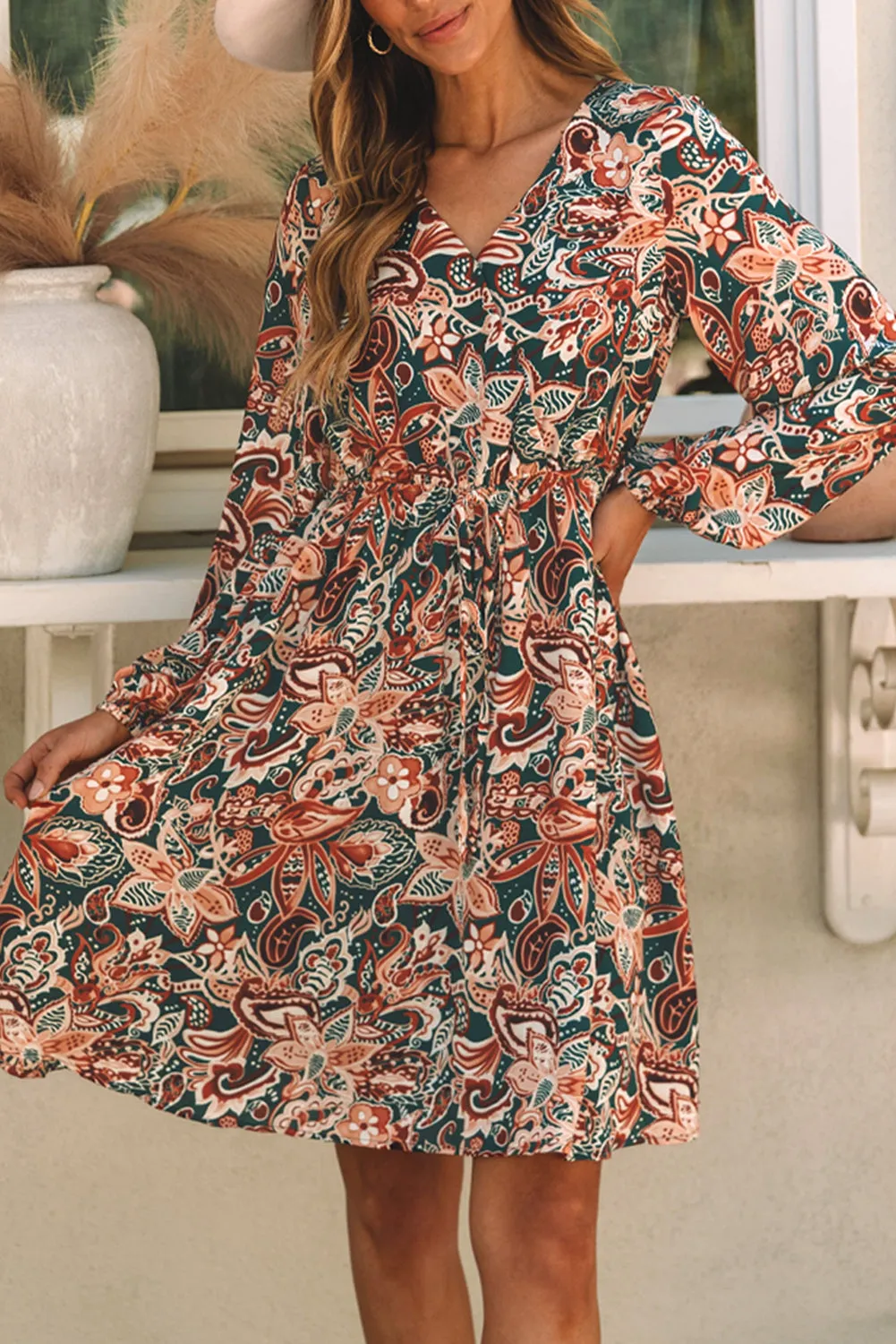 Long Sleeve Surplice Flowy Dress