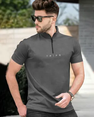 Men plain Dark Grey Half Sleeve Zip Neck T-Shirt