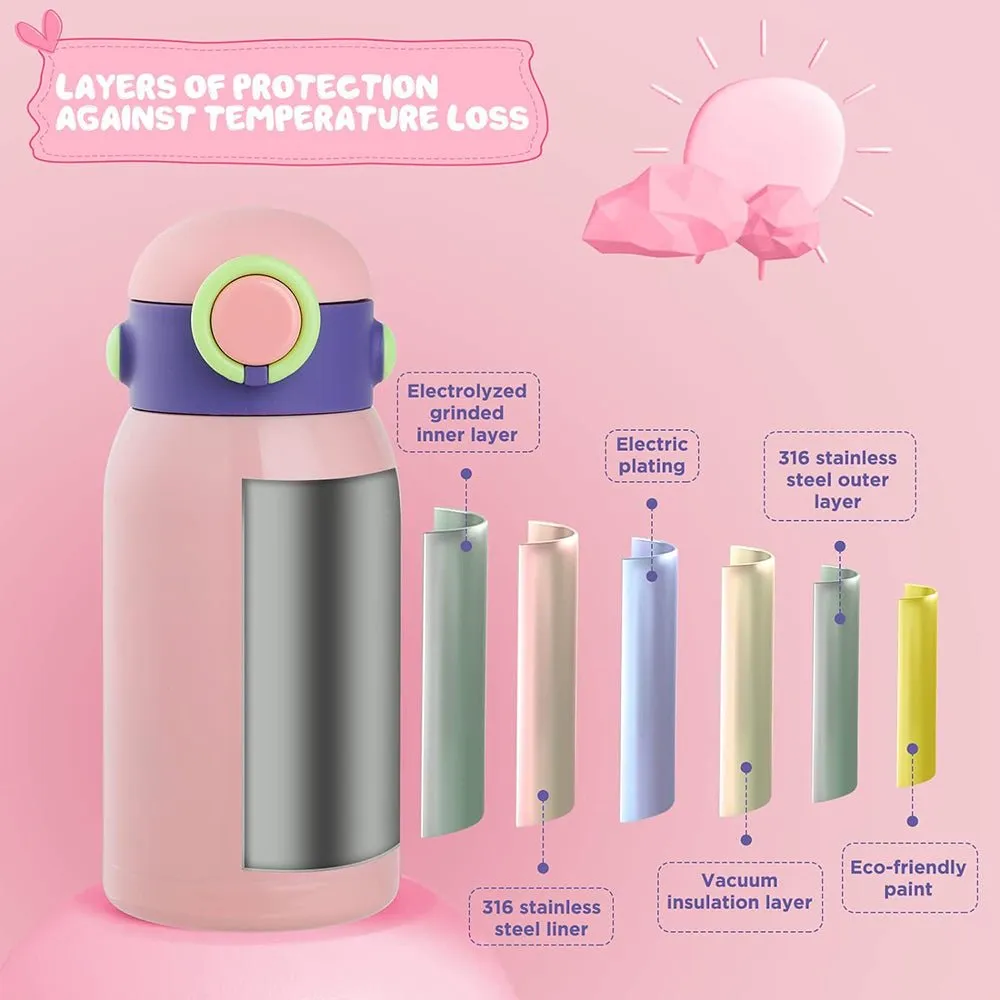 Pink Planet Fun Toy Trinkets theme temperature control Insulated Vacuum Flask Kids Stainless Steel Water Bottle with silicone cover and Thick Strap