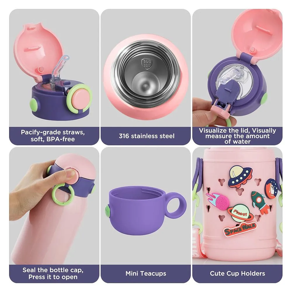 Pink Planet Fun Toy Trinkets theme temperature control Insulated Vacuum Flask Kids Stainless Steel Water Bottle with silicone cover and Thick Strap