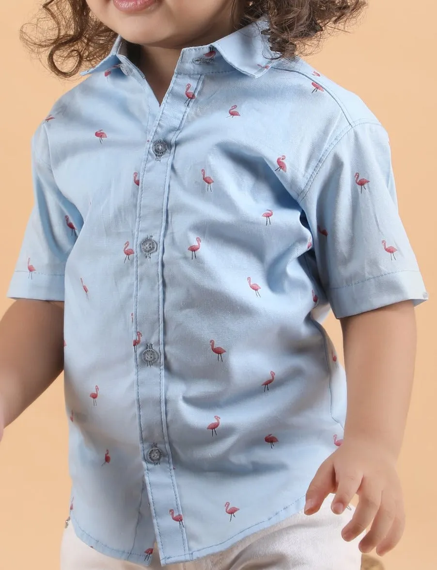 Polka Tots Half Sleeves Flamingo print Shirt - Blue