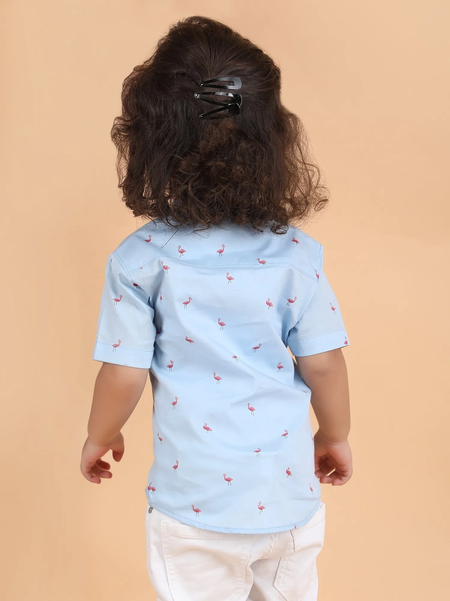 Polka Tots Half Sleeves Flamingo print Shirt - Blue