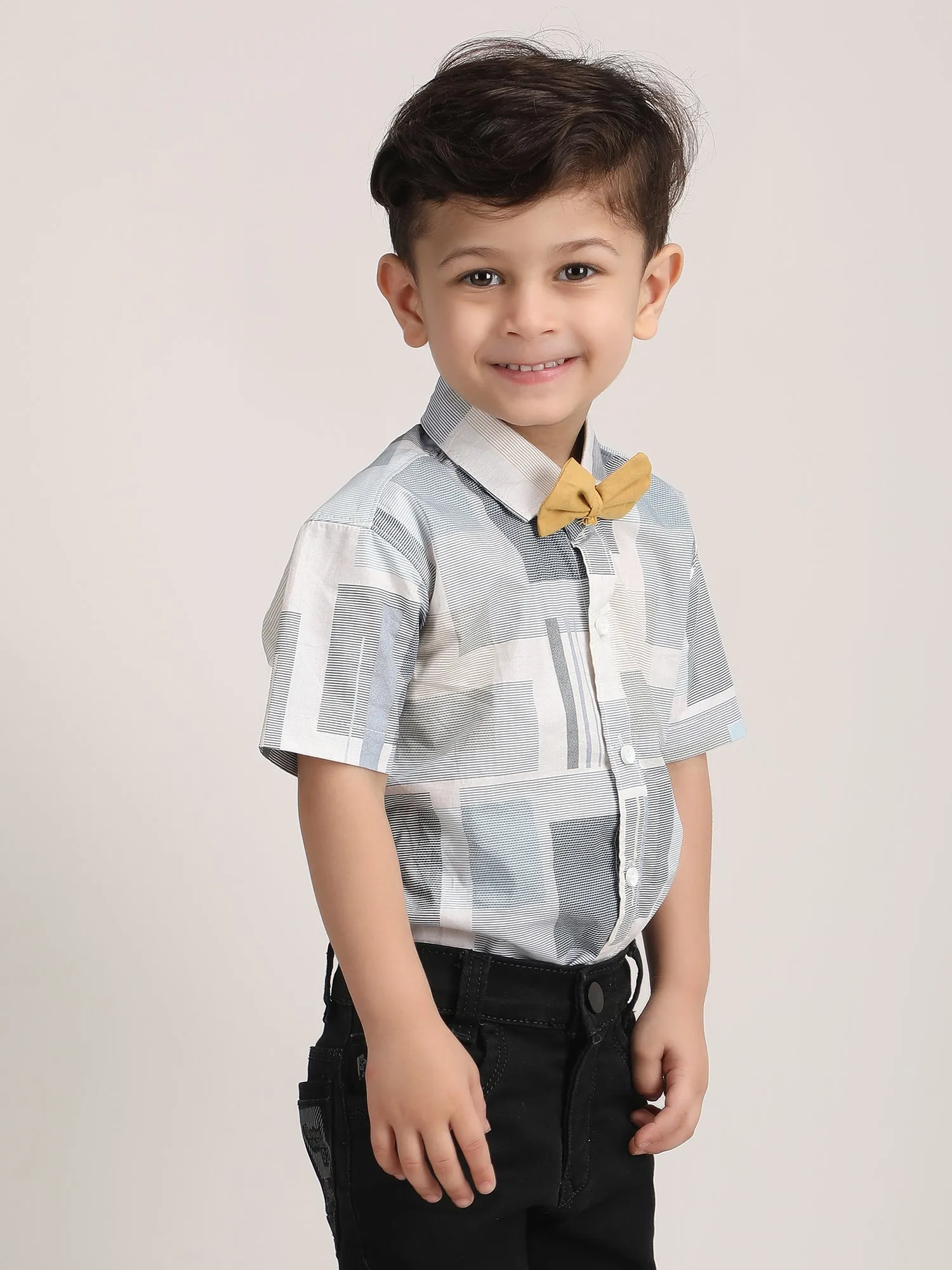 Polka Tots Half Sleeves Shirt with Bow Tie - Grey