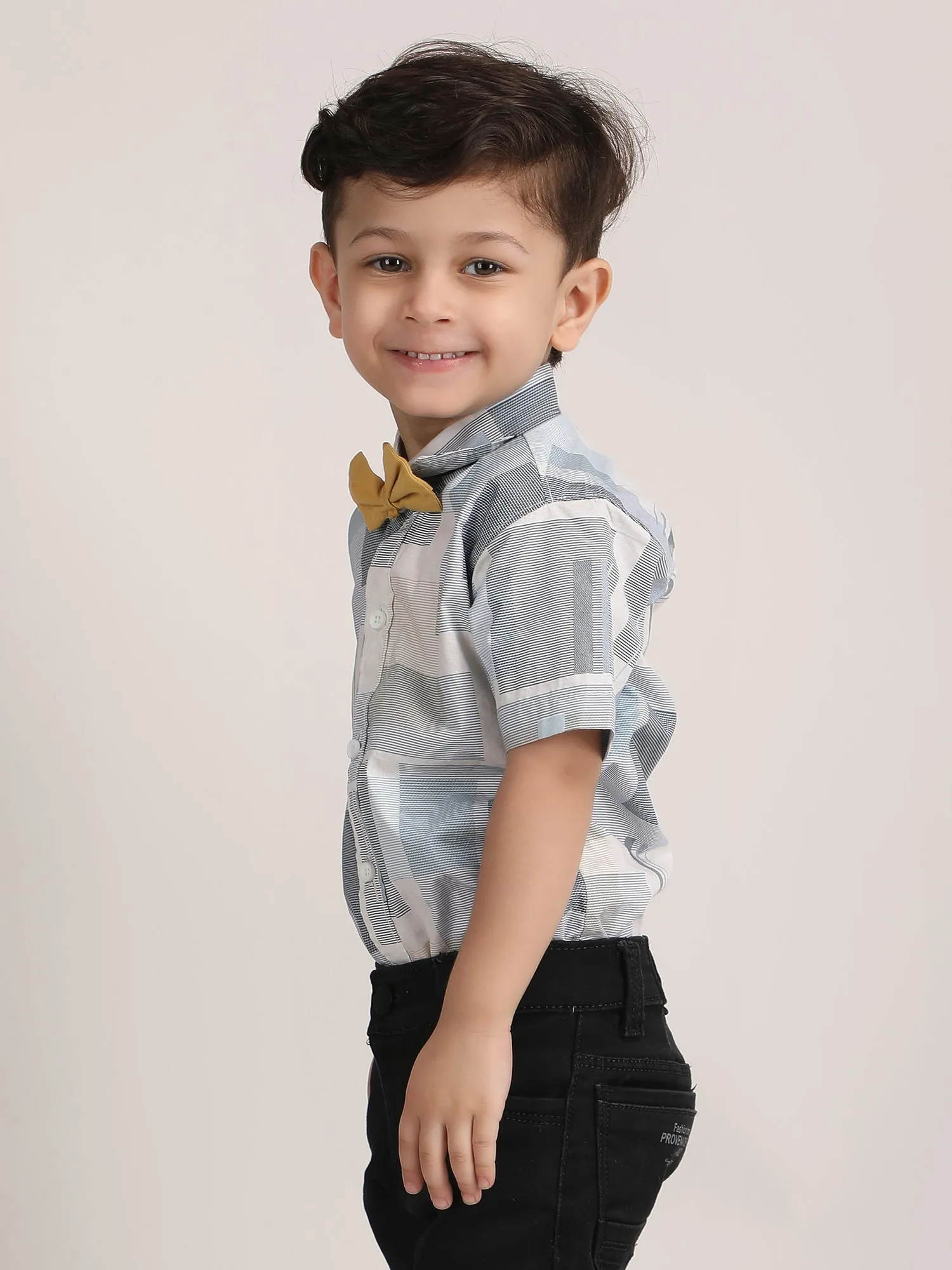 Polka Tots Half Sleeves Shirt with Bow Tie - Grey