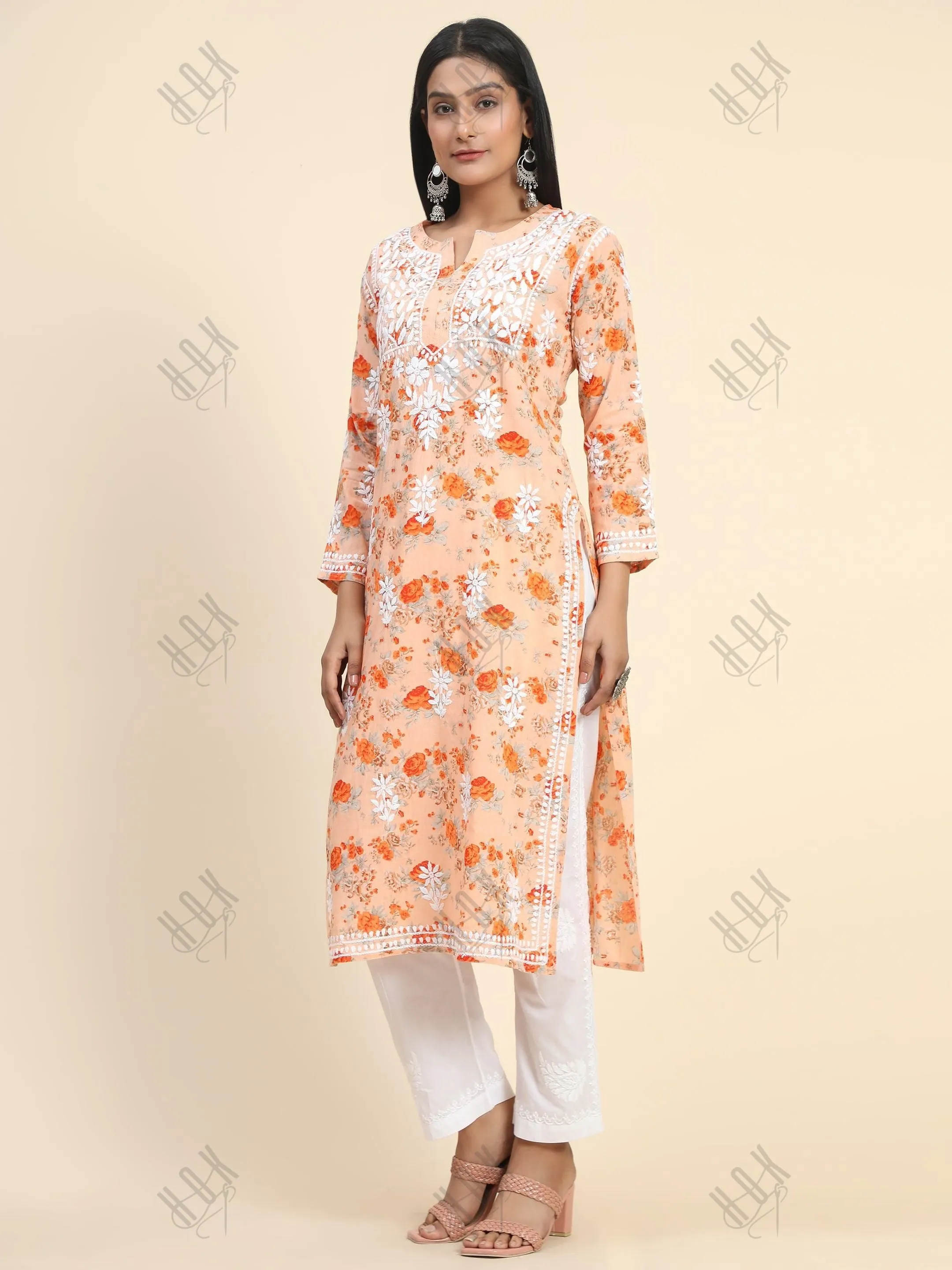 Samma Mul Printed  Hand Embroidery Chikankari Kurta- Orange