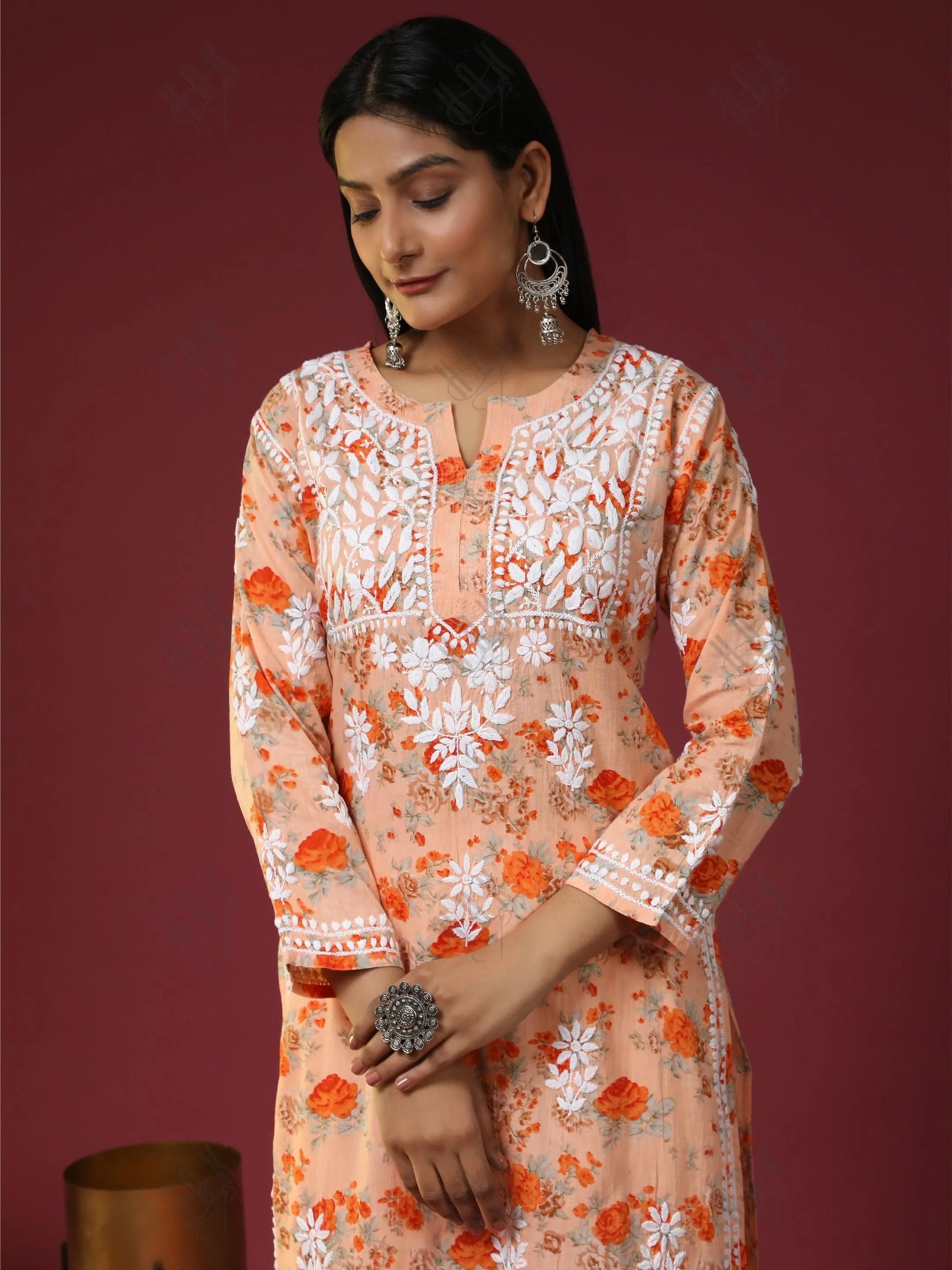 Samma Mul Printed  Hand Embroidery Chikankari Kurta- Orange