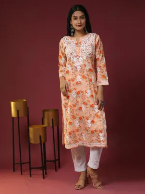 Samma Mul Printed  Hand Embroidery Chikankari Kurta- Orange