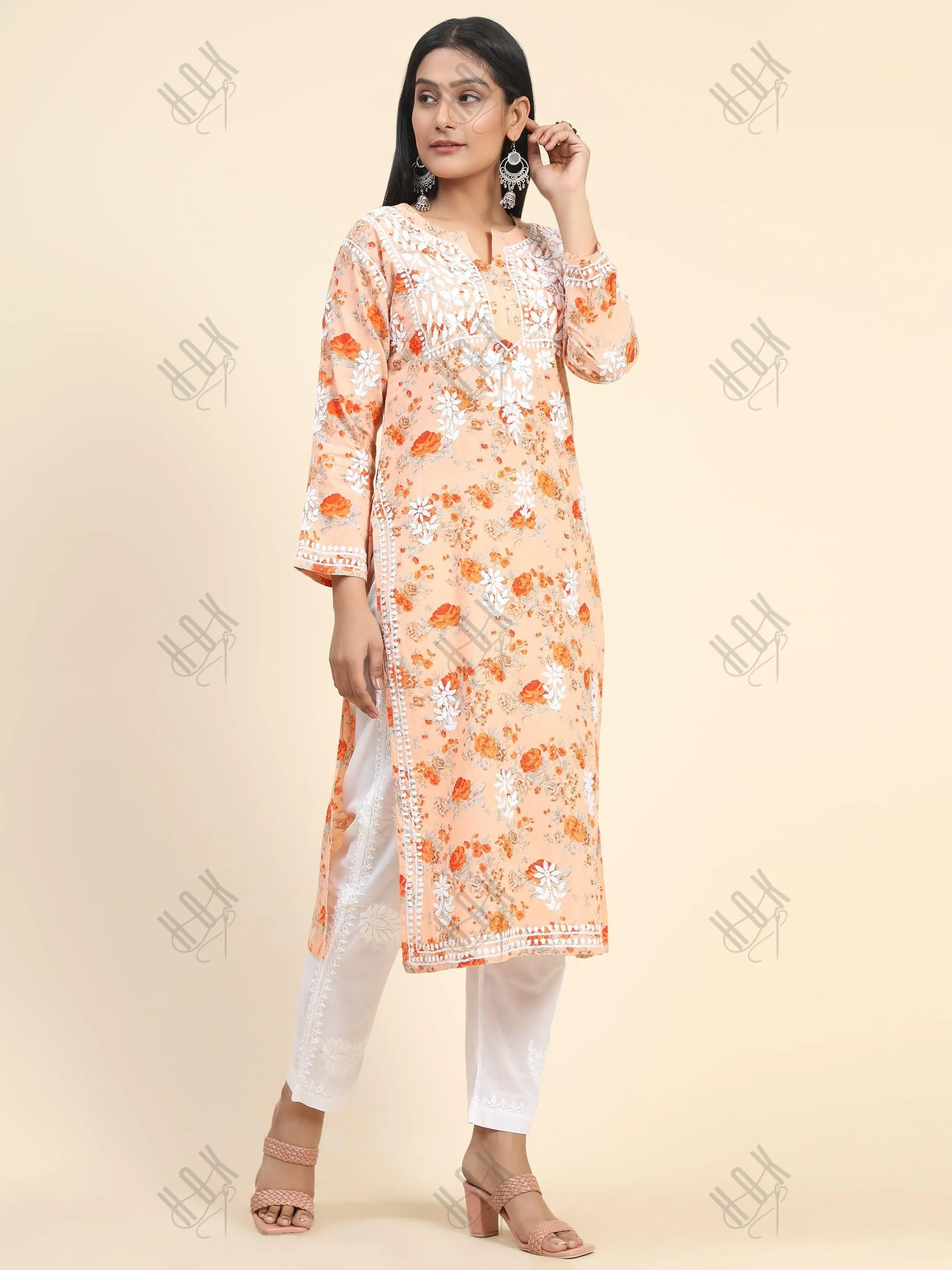 Samma Mul Printed  Hand Embroidery Chikankari Kurta- Orange