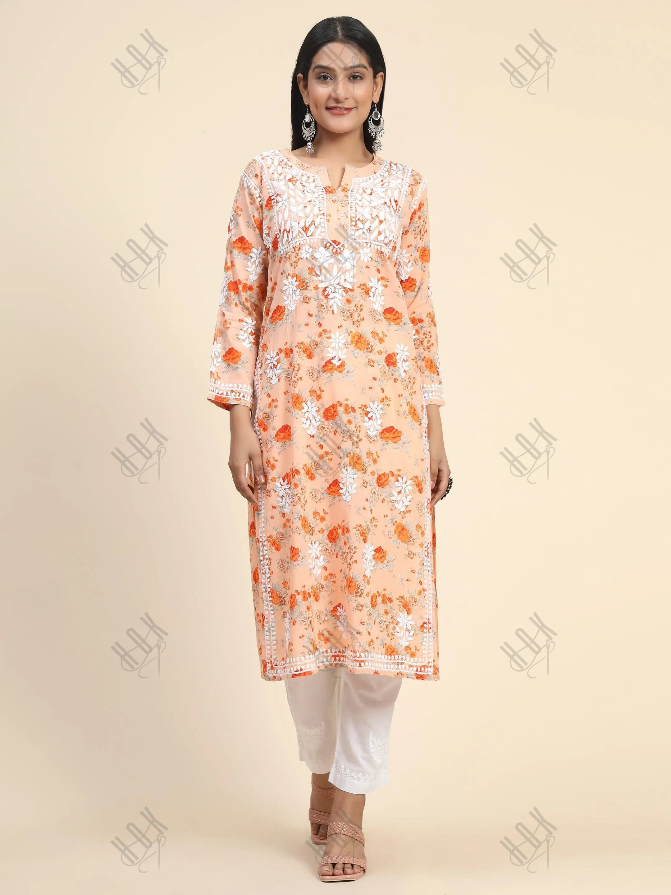 Samma Mul Printed  Hand Embroidery Chikankari Kurta- Orange